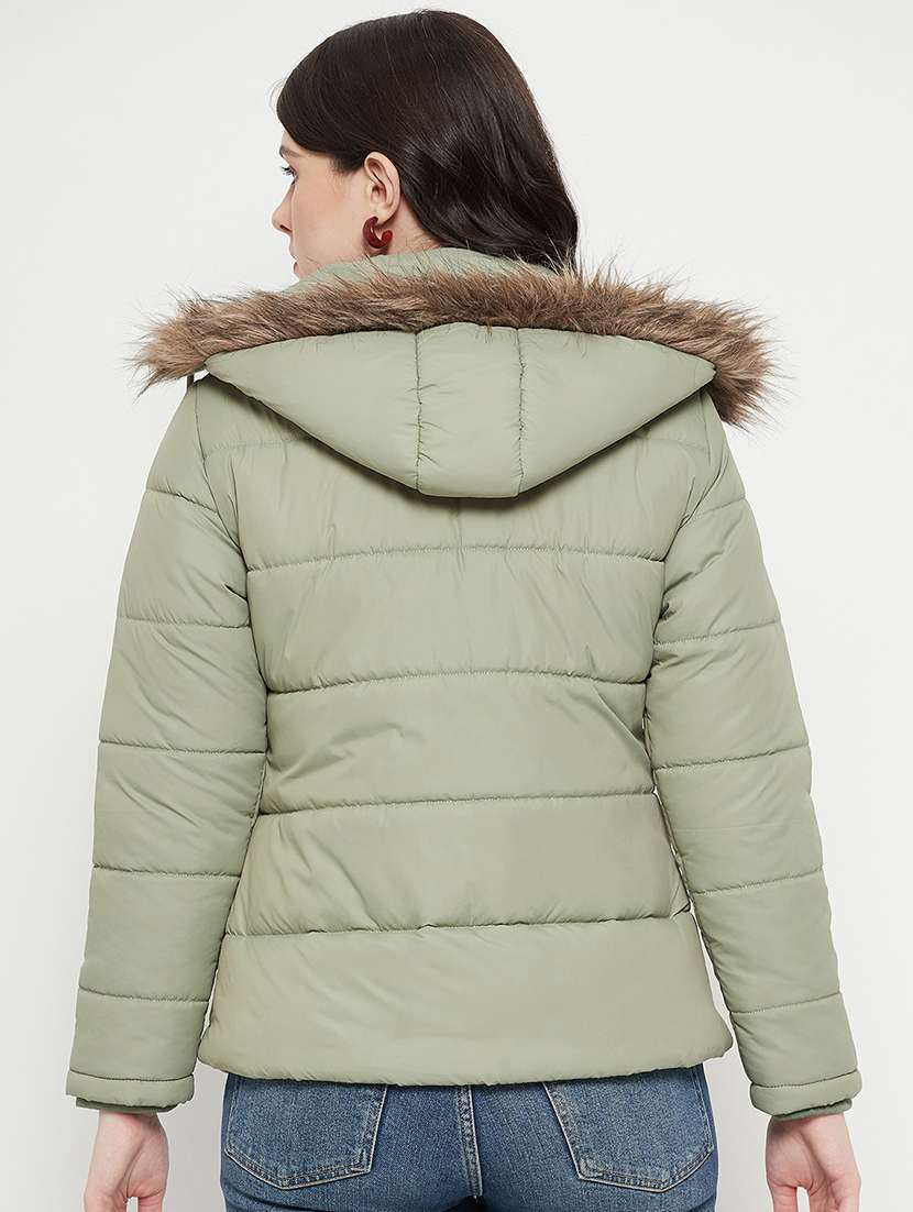 women plain hood neck & long sleeve quilted jacket - 21640875 -  Standard Image - 2
