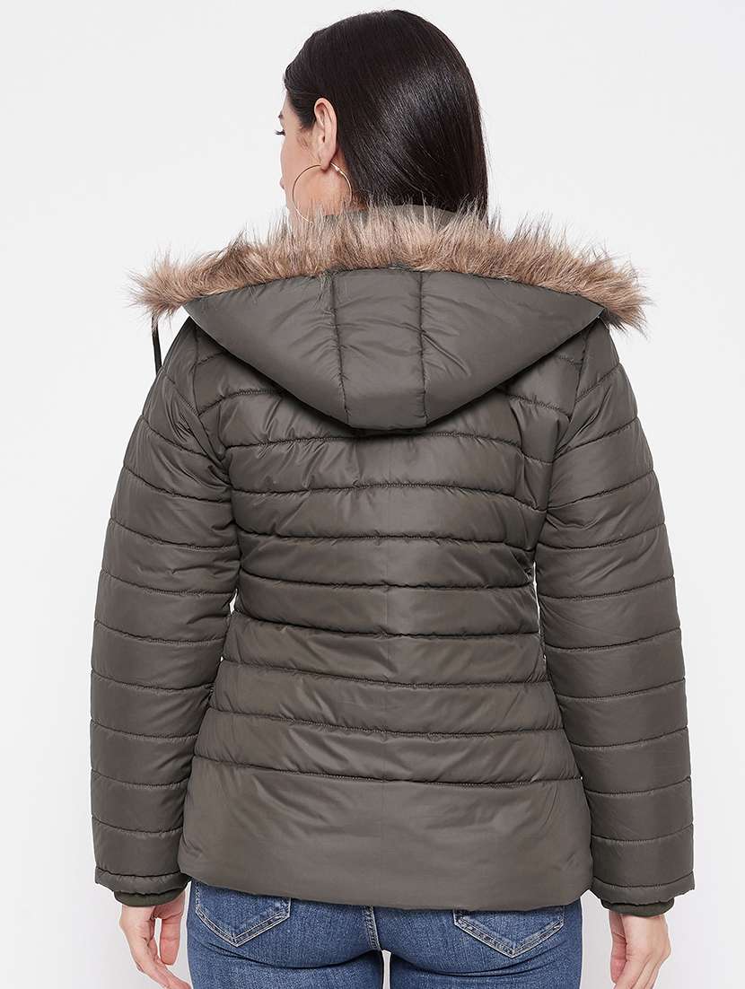 women plain hood neck & long sleeve quilted jacket - 21640880 -  Standard Image - 2