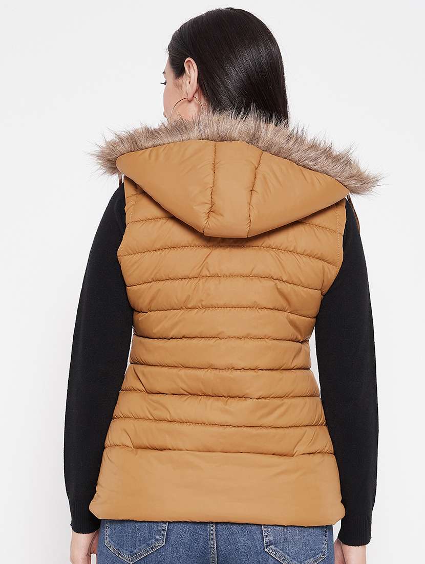 women plain hood neck & sleeveless quilted jacket - 21640884 -  Standard Image - 2
