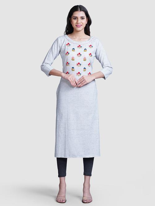 women embroidered three quarter sleeve straight kurta - 21640927 - Standard Image - 0