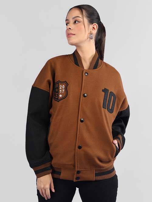 women oversized color block long sleeve varsity jacket - 21640948 - Standard Image - 0