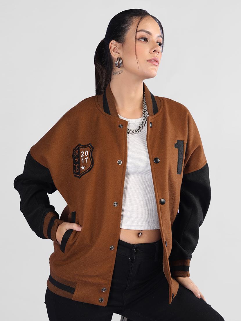 women oversized color block long sleeve varsity jacket - 21640948 - Standard Image - 2