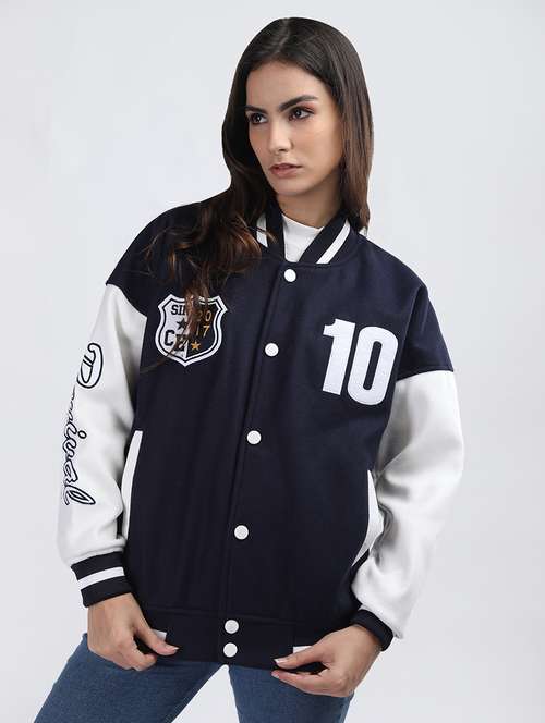 women oversized color block long sleeve varsity jacket - 21640949 - Standard Image - 0