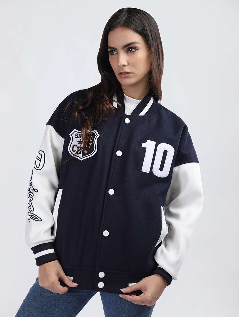 women oversized color block long sleeve varsity jacket - 21640949 - Zoom Image - 0