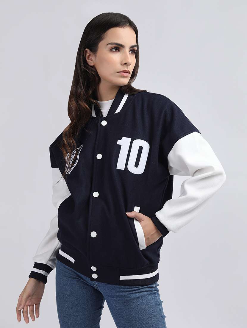 women oversized color block long sleeve varsity jacket - 21640949 - Standard Image - 2