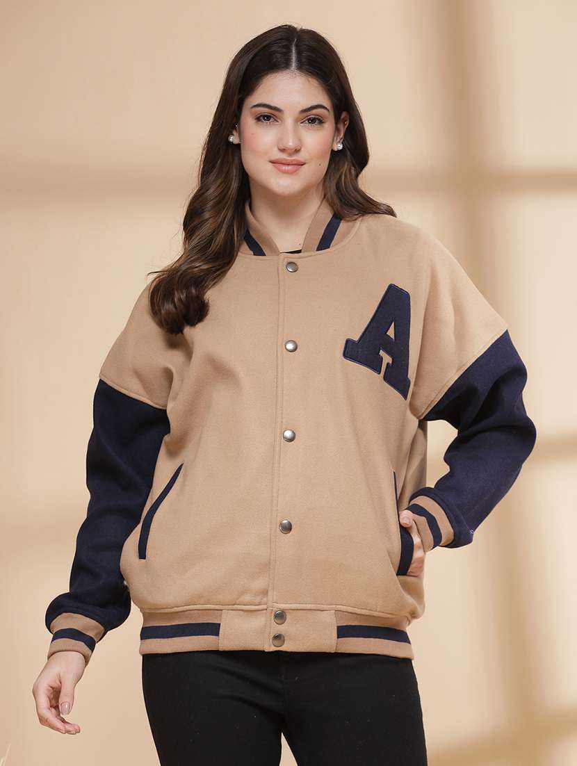 women oversized color block long sleeve varsity jacket 