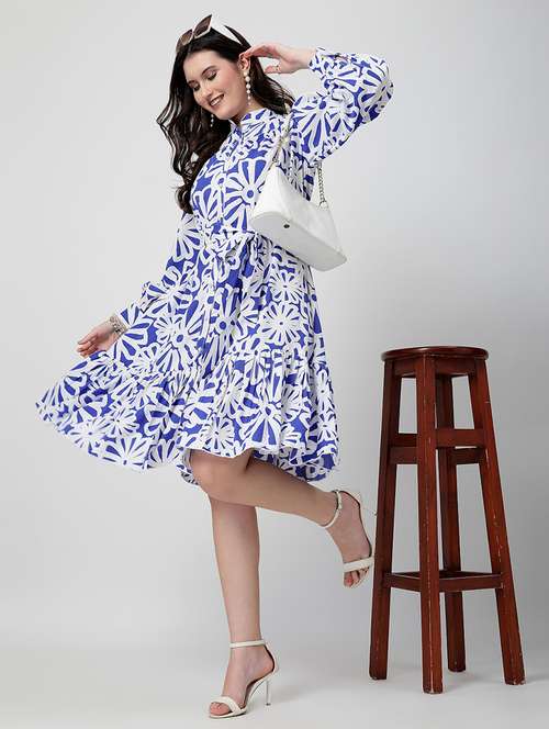 women blue printed long sleeve tiered dress - 21641039 - Standard Image - 0