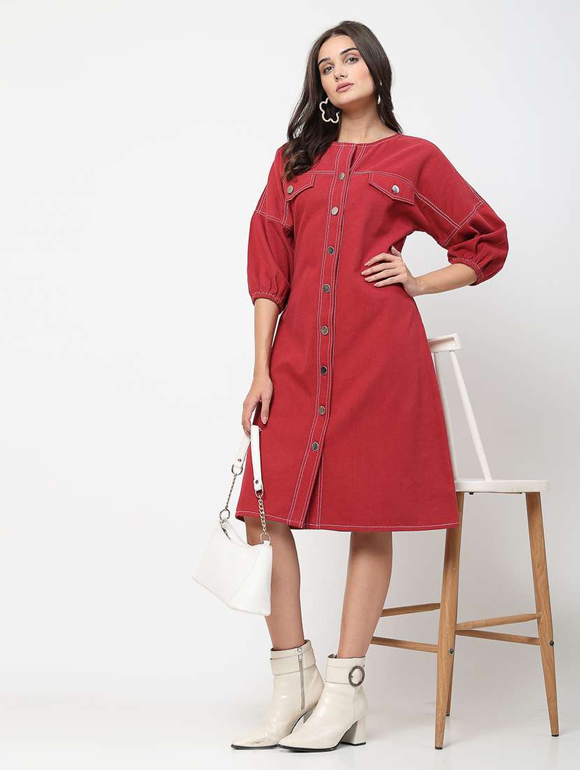women maroon solid round neck a-line dress