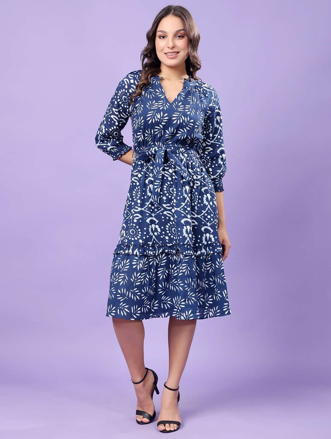 women printed mandarin neck tiered dress