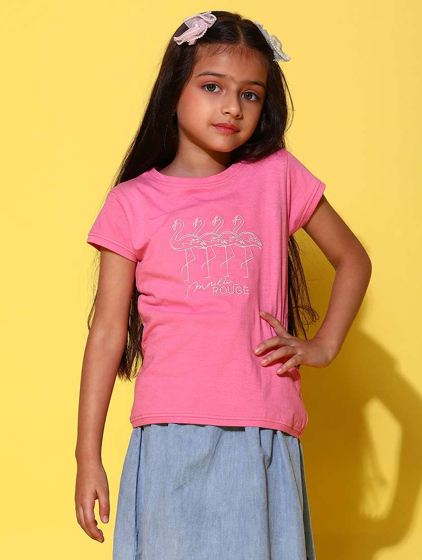 girls front print round neck tees
