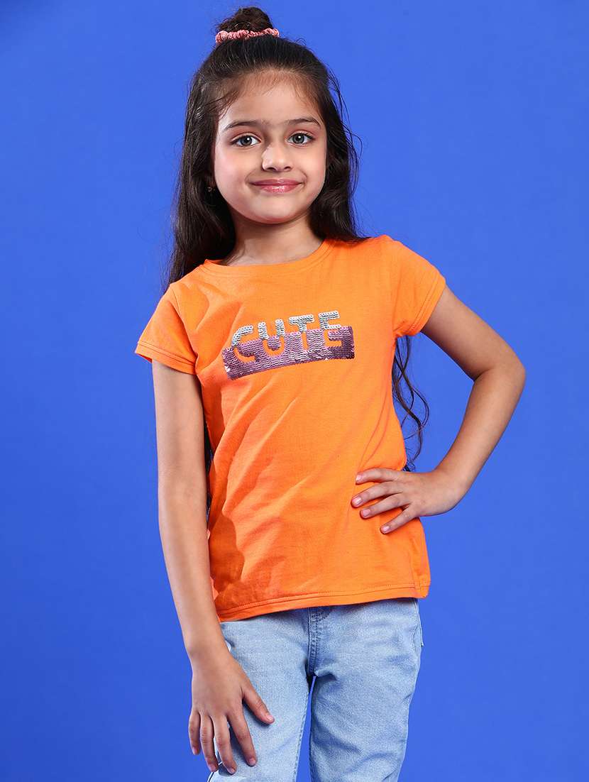 girls solid with work round neck tees
