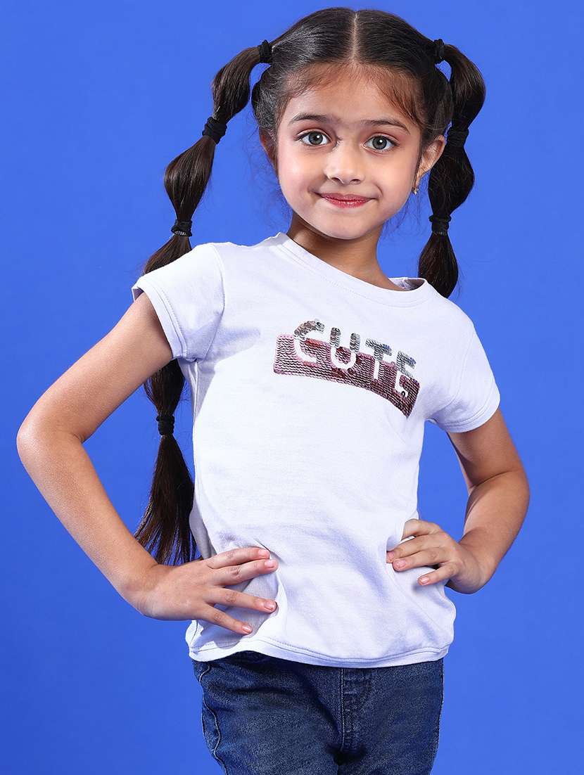 girls solid with work round neck tees