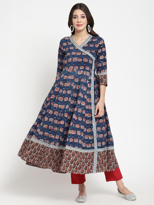 women blue printed three quarter sleeve anarkali kurta - 21642021 - Standard Image - 0