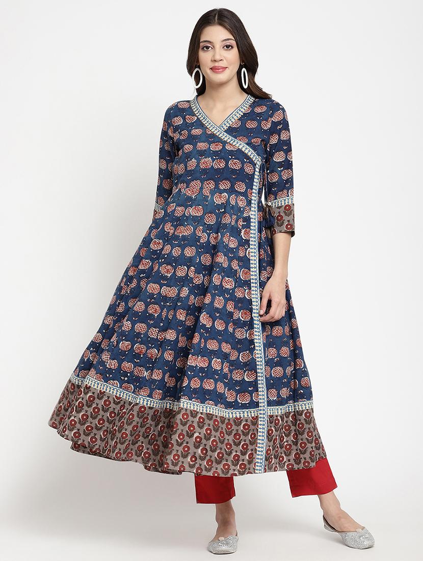 women blue printed three quarter sleeve anarkali kurta - 21642021 - Zoom Image - 0