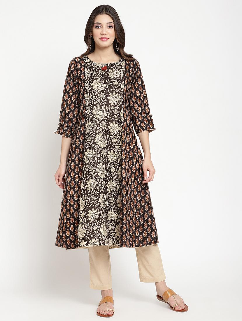 women black printed three quarter sleeve a-line kurta - 21642023 - Zoom Image - 0