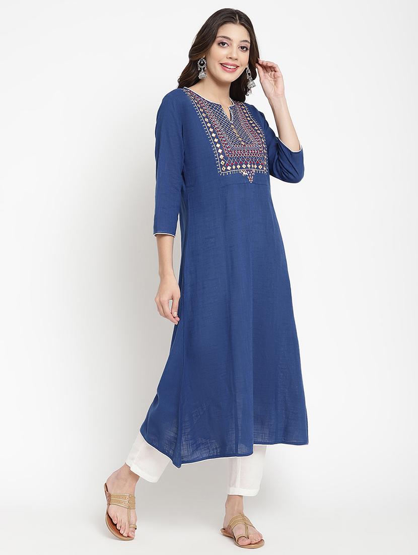 women blue embroidered three quarter sleeve a-line kurta - 21642024 - Standard Image - 2