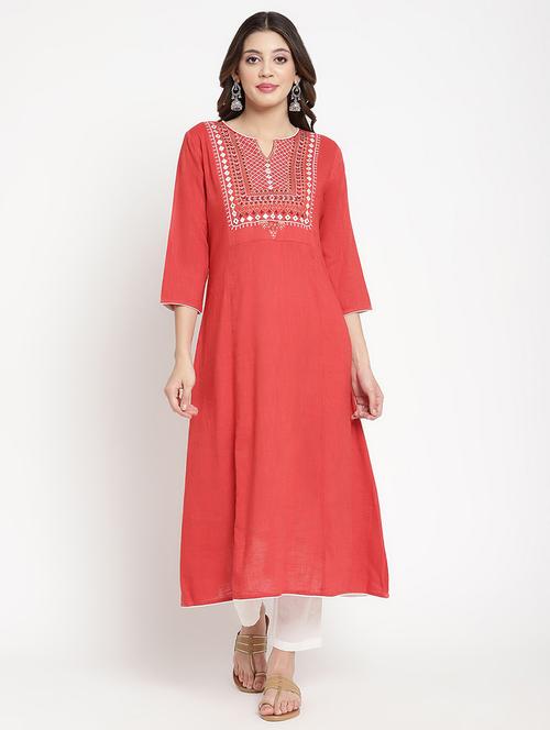 women red embroidered three quarter sleeve a-line kurta - 21642025 - Standard Image - 0