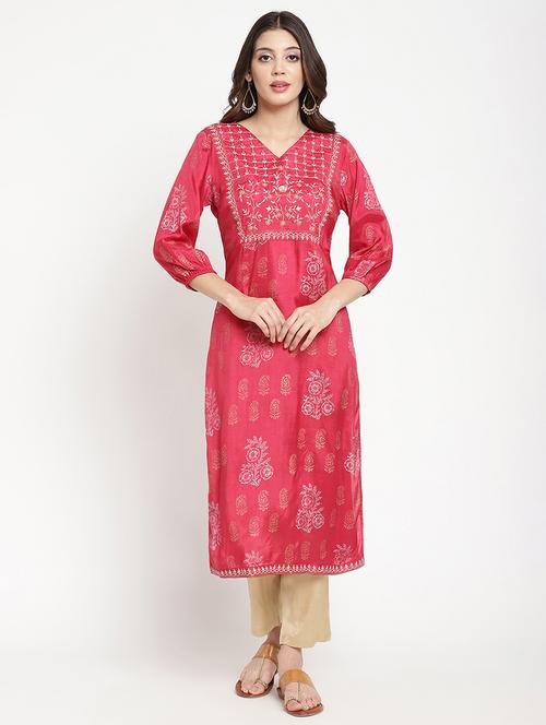 women embroidered three quarter sleeve straight kurta - 21642033 - Standard Image - 0