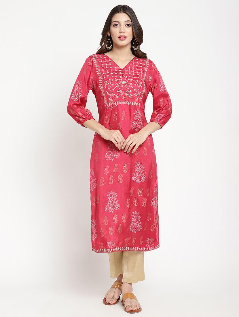 women embroidered three quarter sleeve straight kurta - 21642033 - Zoom Image - 0