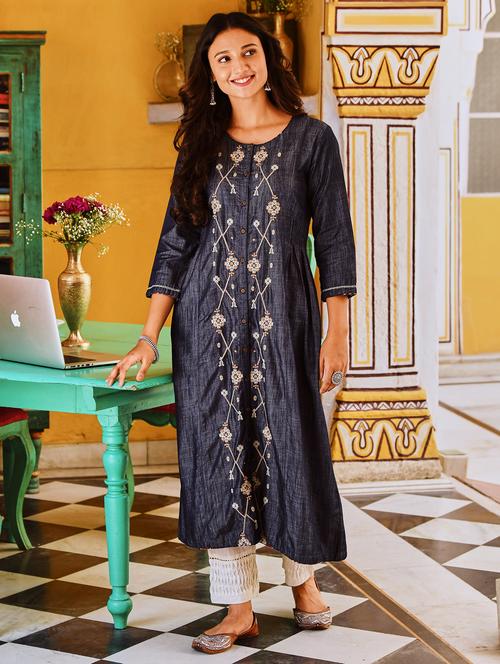 women embroidered three quarter sleeve a-line kurta - 21642044 -  Standard Image - 0