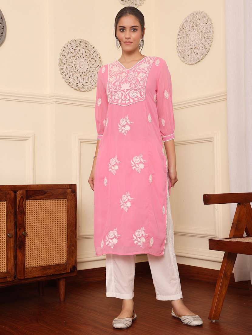 women embroidered three quarter sleeve straight kurta