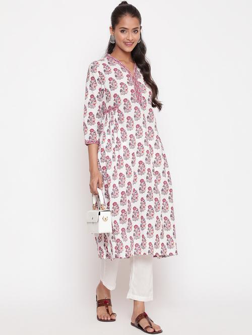 women floral three quarter sleeve a-line kurta - 21642054 -  Standard Image - 0