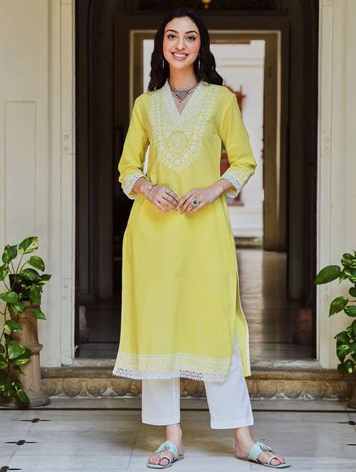 women embroidered three quarter sleeve straight kurta - 21642065 - Standard Image - 0