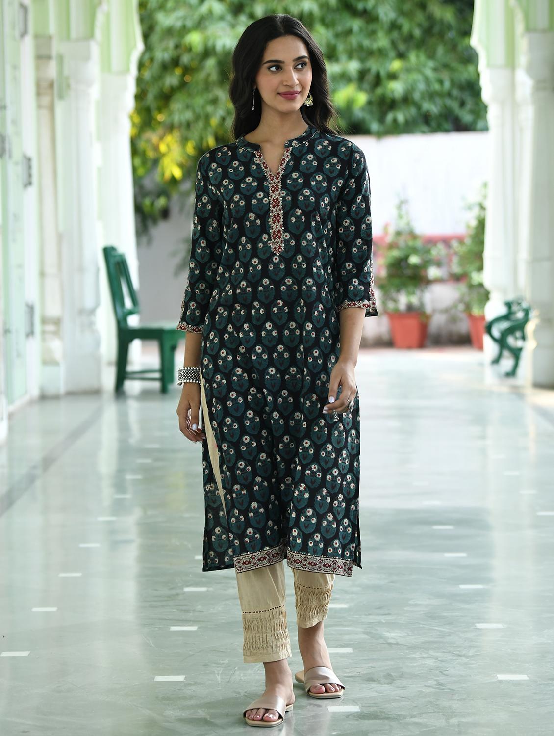 women embroidered three quarter sleeve straight kurta