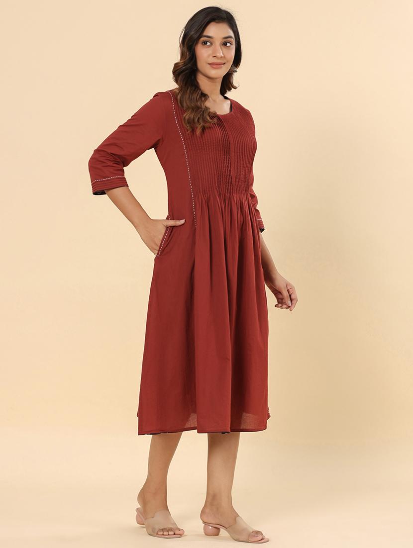 women solid three quarter sleeve a-line kurta - 21642075 - Standard Image - 2