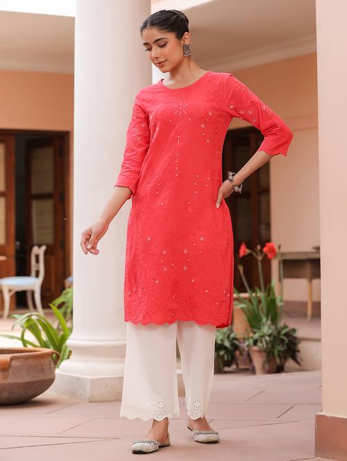 women embroidered three quarter sleeve straight kurta - 21642085 - Standard Image - 0