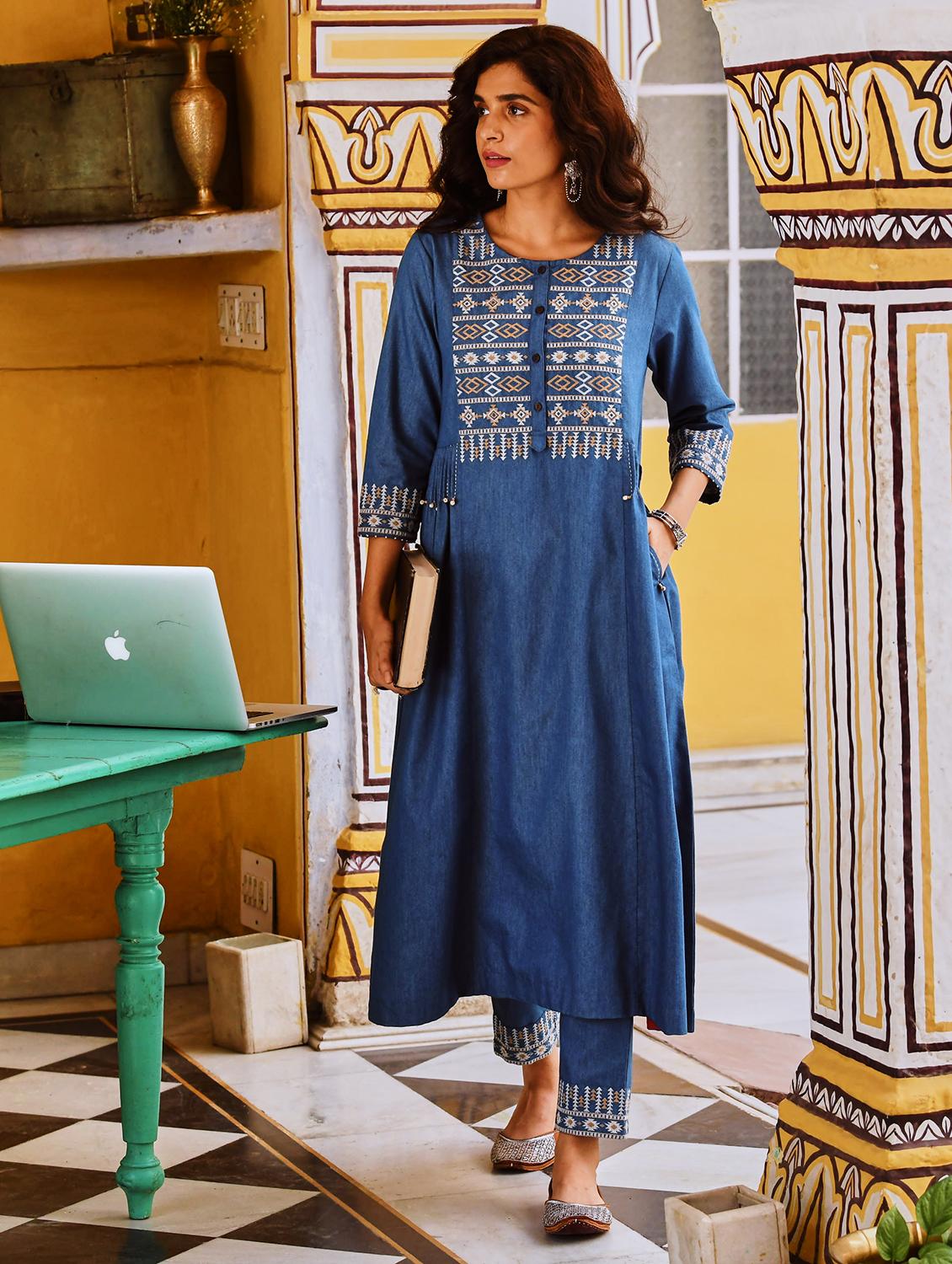 women embroidered three quarter sleeve a-line kurta - 21642088 - Zoom Image - 0