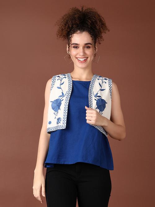 women blue solid round neck top with crop jacket - 21642564 - Standard Image - 0