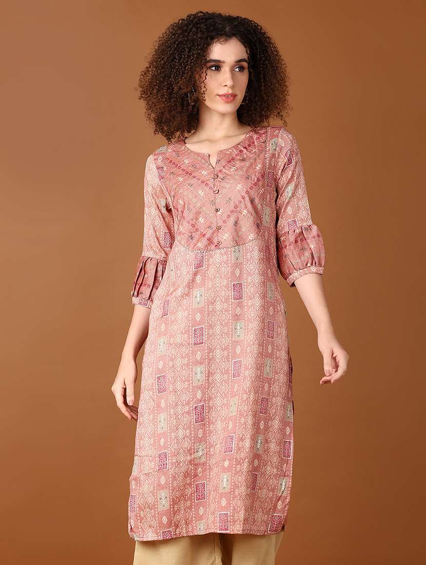 women peach printed notch neck straight kurta