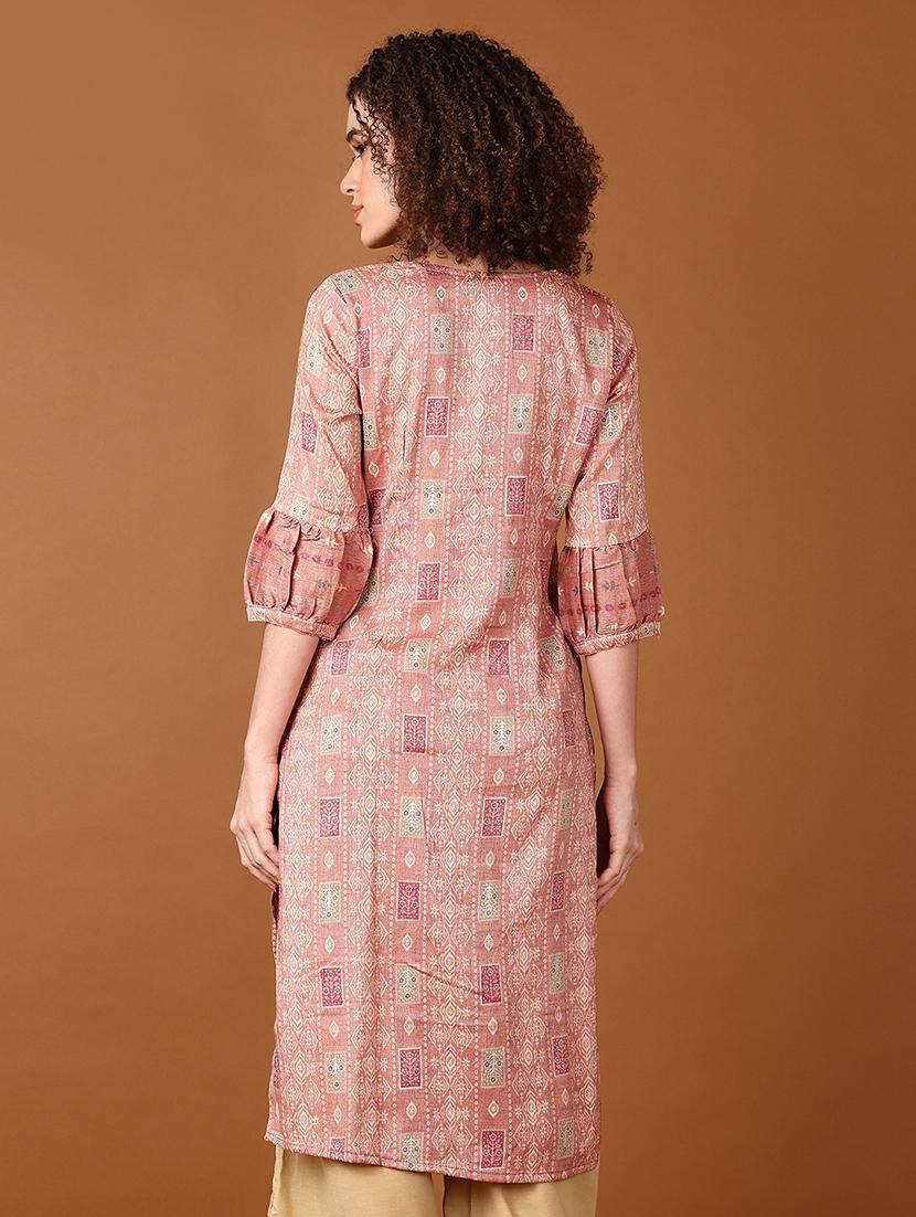 women peach printed notch neck straight kurta - 21642588 - Standard Image - 2