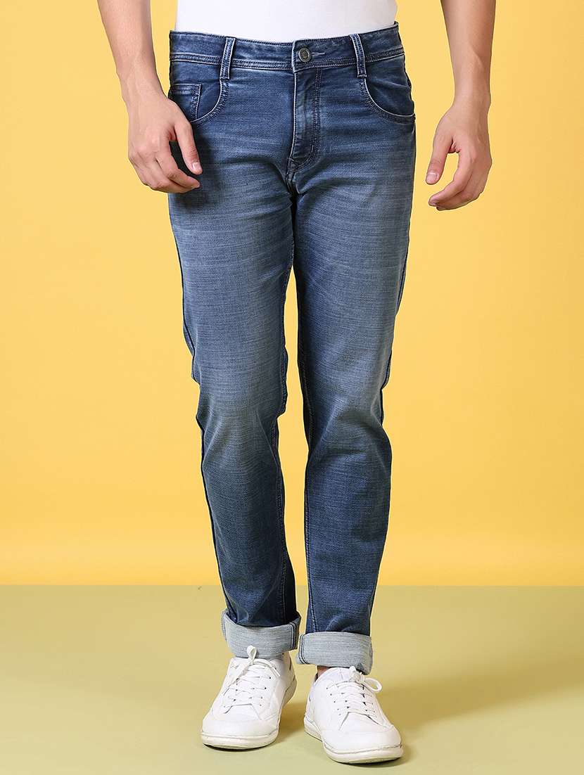 men washed mid rise denim jeans