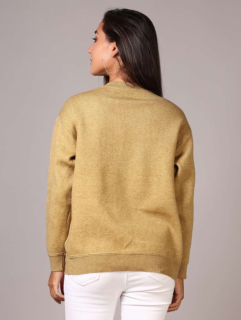 women beige solid crew neck long sleeve pullover - 21642662 -  Standard Image - 2