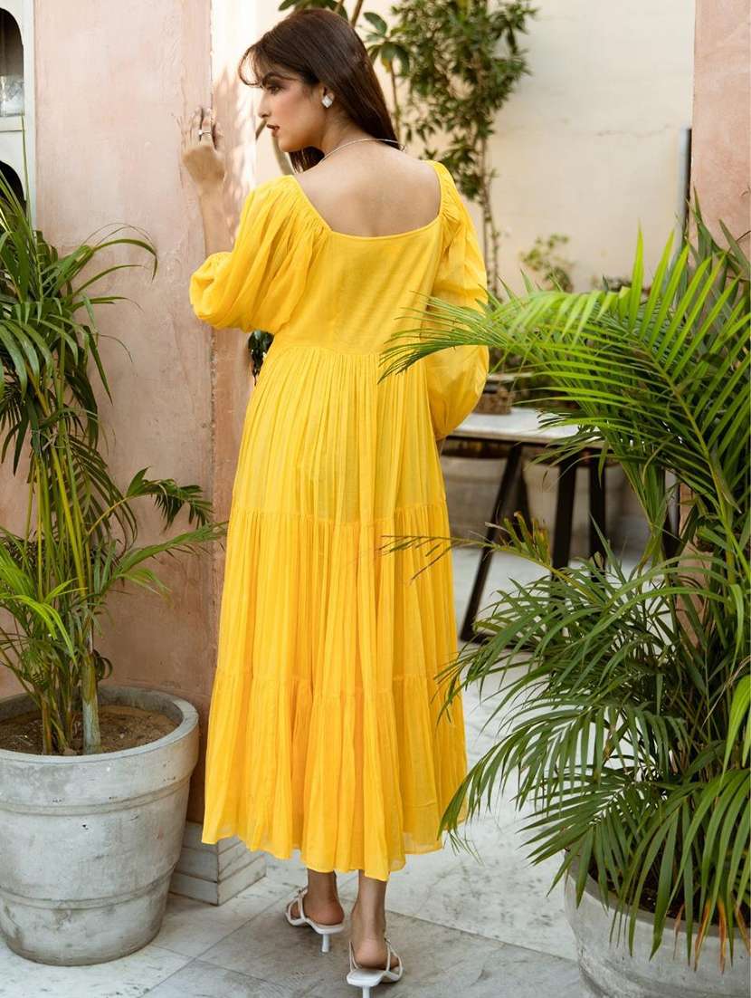 women solid puff sleeves tiered dress - 21642791 - Standard Image - 2