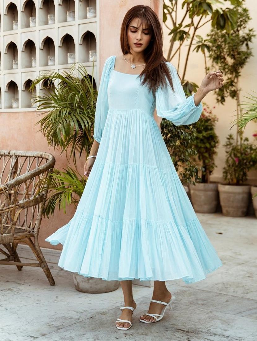 women solid puff sleeves tiered dress - 21642794 - Standard Image - 2