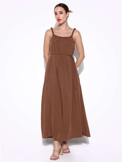 women solid shoulder strap fit & flare dress - 21643143 - Standard Image - 0