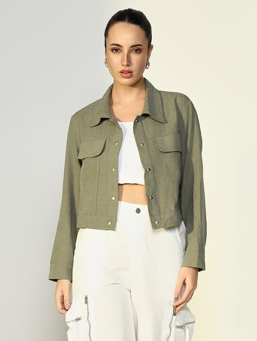 women solid long sleeves crop jacket - 21643166 -  Zoom Image - 0