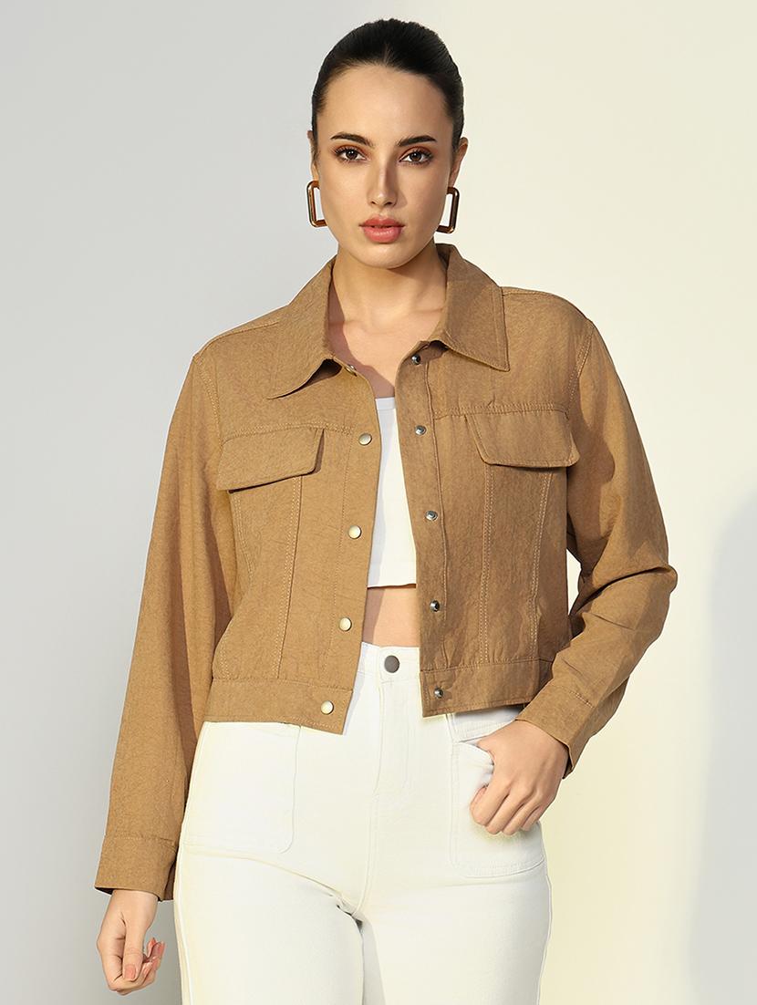 women solid long sleeves crop jacket - 21643167 - Zoom Image - 0