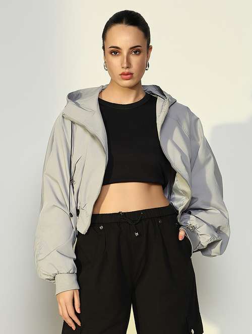 women solid hooded cropped windcheater jacket - 21643168 - Standard Image - 0