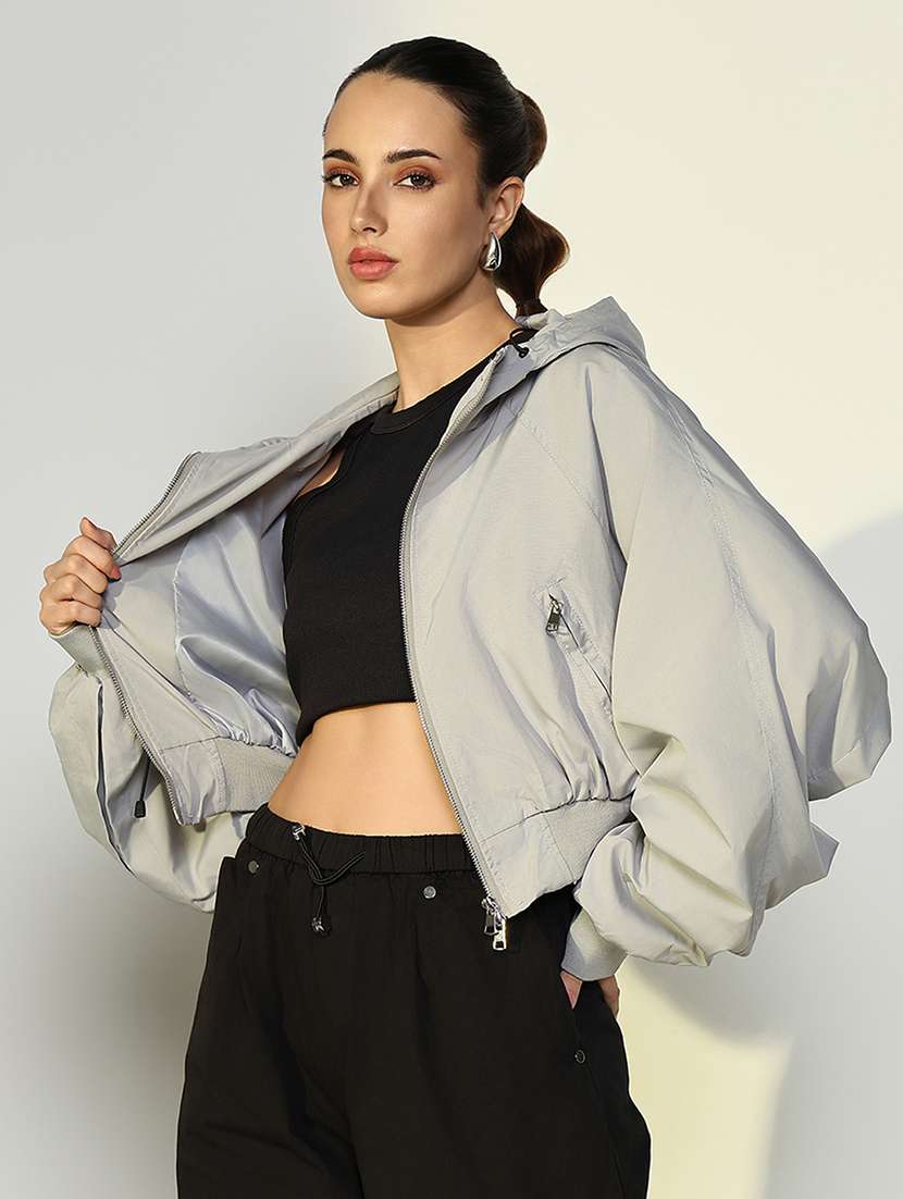 women solid hooded cropped windcheater jacket - 21643168 - Standard Image - 2