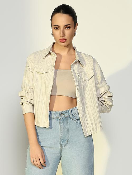 women solid collared cropped jacket - 21643172 - Standard Image - 0