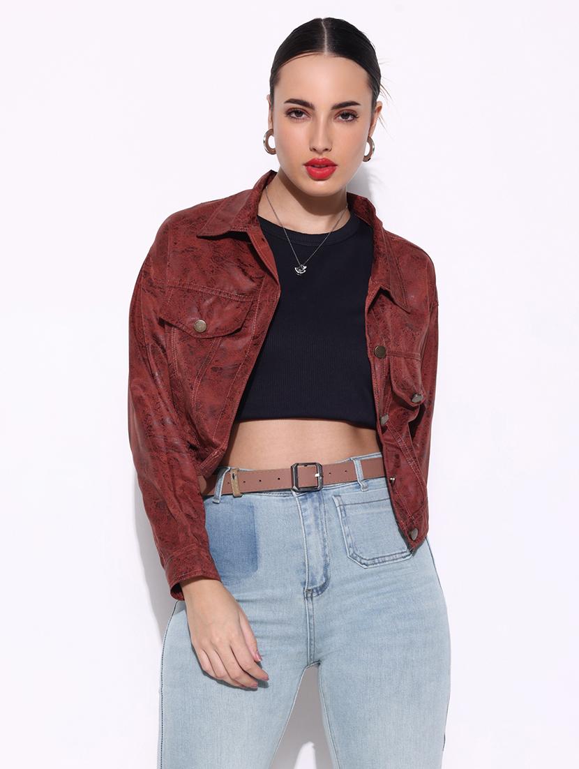 women brown printed long sleeve leather jacket - 21643174 - Zoom Image - 0