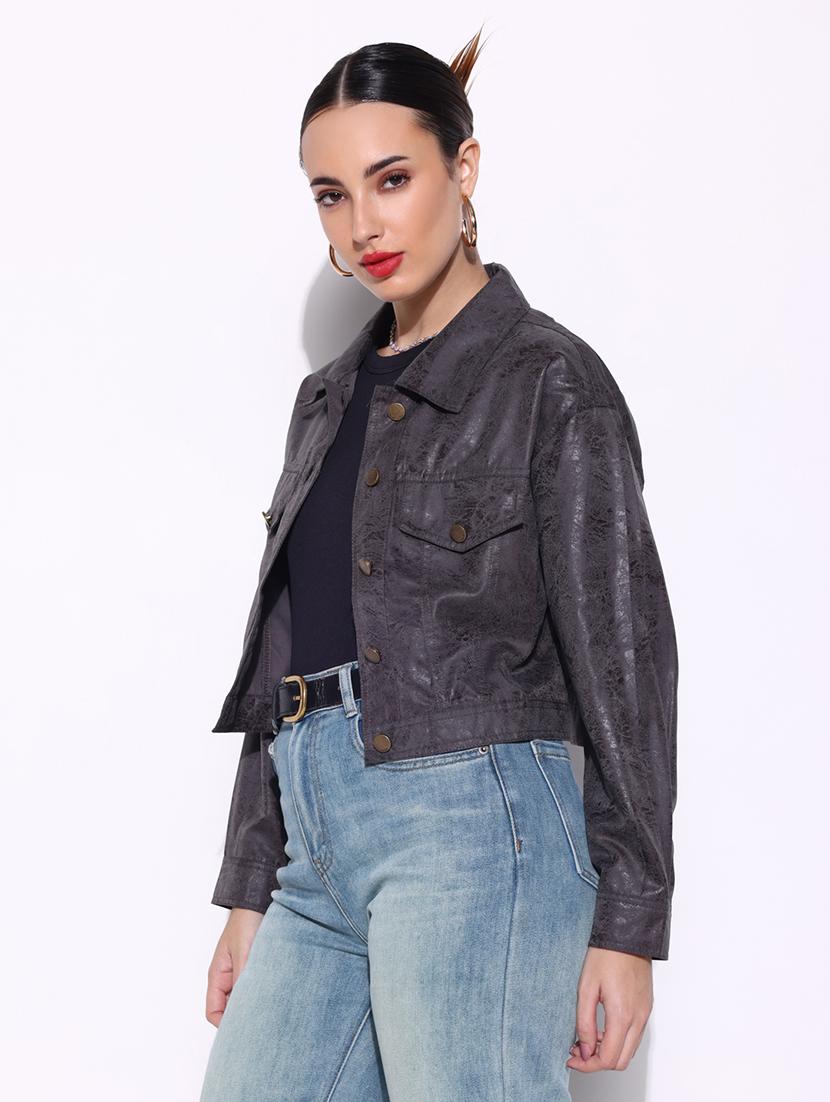 women grey printed long sleeve leather jacket - 21643175 - Standard Image - 2