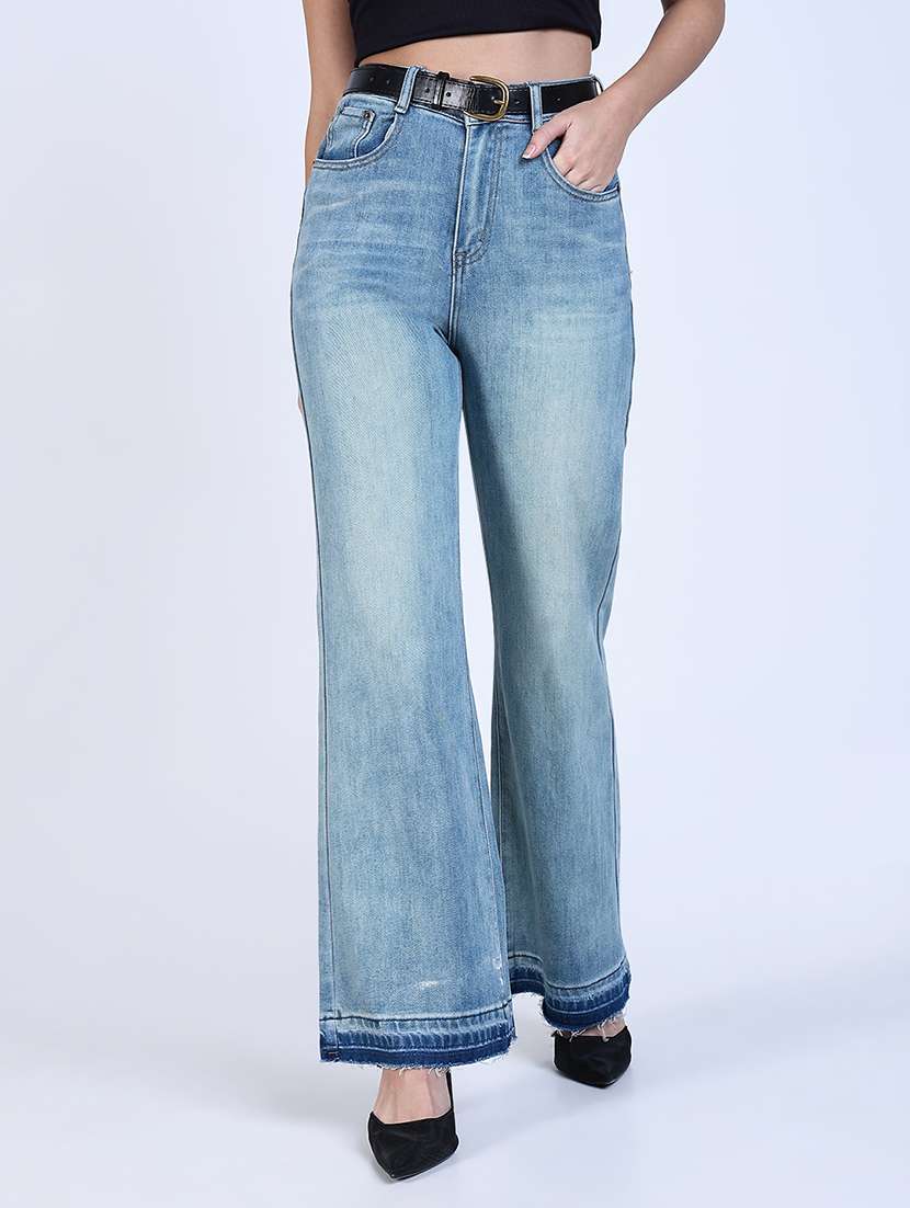 women solid high rise wide leg jean