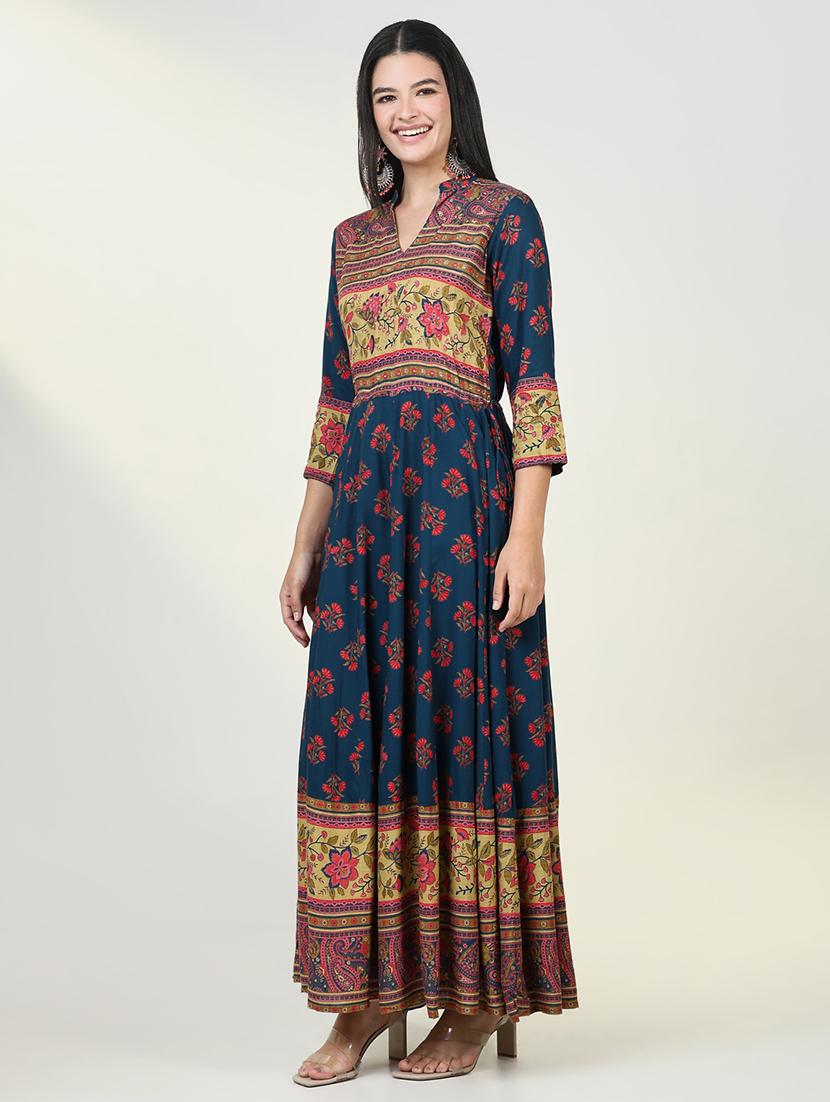 women teal floral printed anarkali kurta - 21643189 - Standard Image - 2