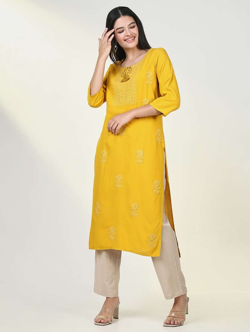 women three quarter sleeve straight chikankari kurta - 21643196 -  Standard Image - 2