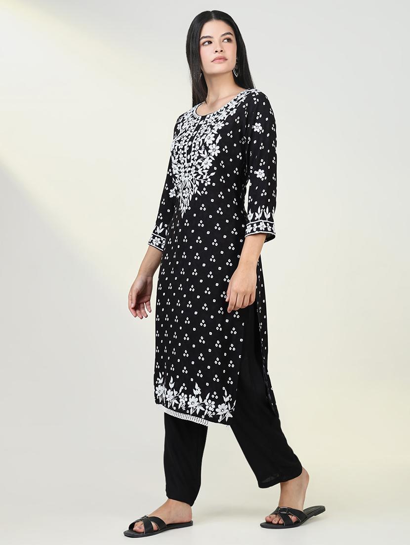 women three quarter sleeve straight chikankari kurta - 21643197 - Standard Image - 2